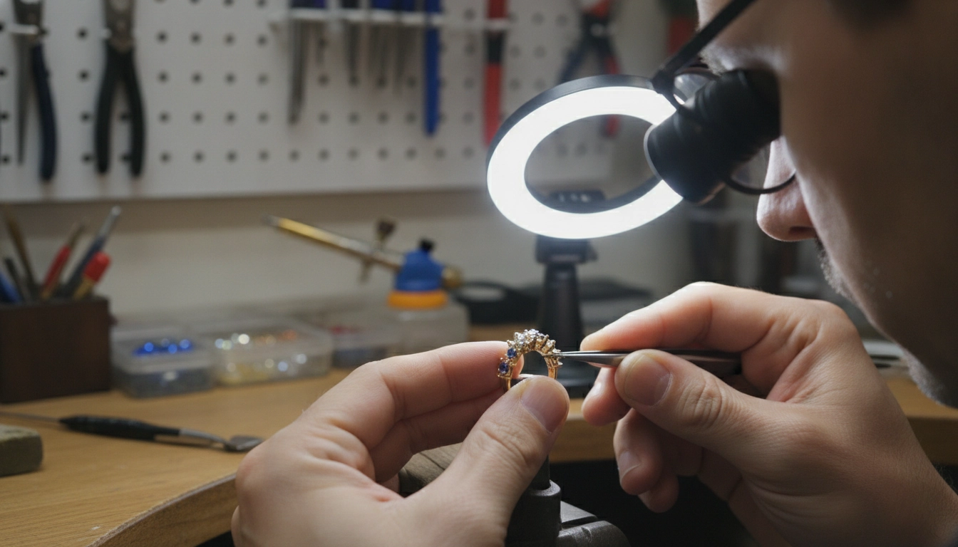 Bijoutier utilisant une loupe binoculaire pour le sertissage de pierres précieuses en atelier