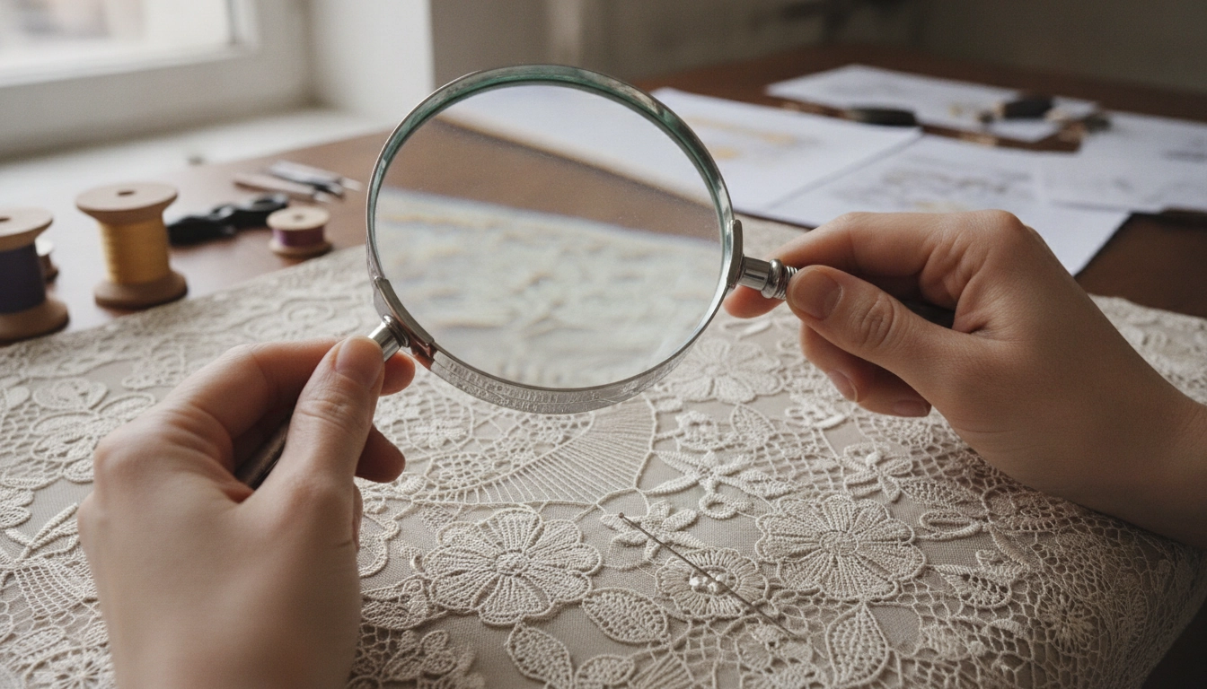 Utilisation d'une loupe artisanat dentelle broderie haute couture précision lors d'un travail manuel délicat