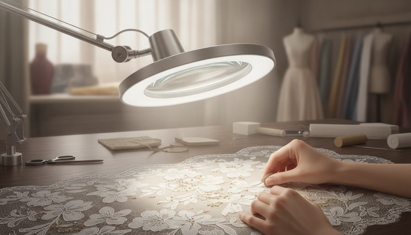 Une loupe artisanat dentelle broderie haute couture précision posée sur un tissu délicat
