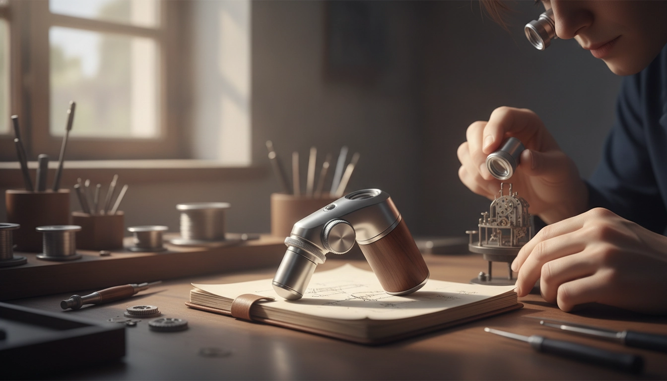 Artisan utilisant une loupe artisanat professionnelle pour travailler sur une pièce de métal gravée en atelier