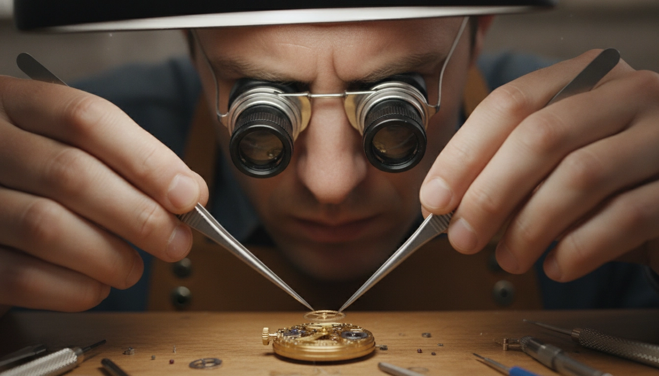 Horloger professionnel utilisant une loupe frontale binoculaire pour travaux de précision sur mouvement de montre fine