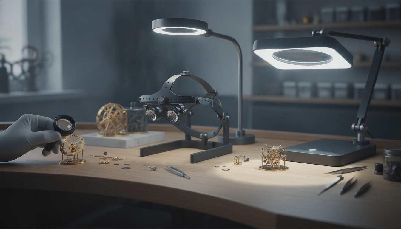 Loupe d'horlogier posée sur un établi avec un mouvement mécanique démonté, quelle loupe artisanat pour horlogerie fine