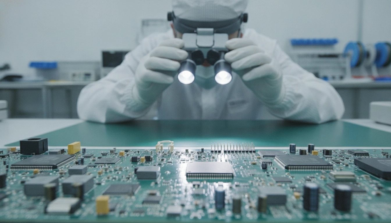 Loupe binoculaire contrôle qualité soudure électronique en environnement professionnel d'atelier de fabrication