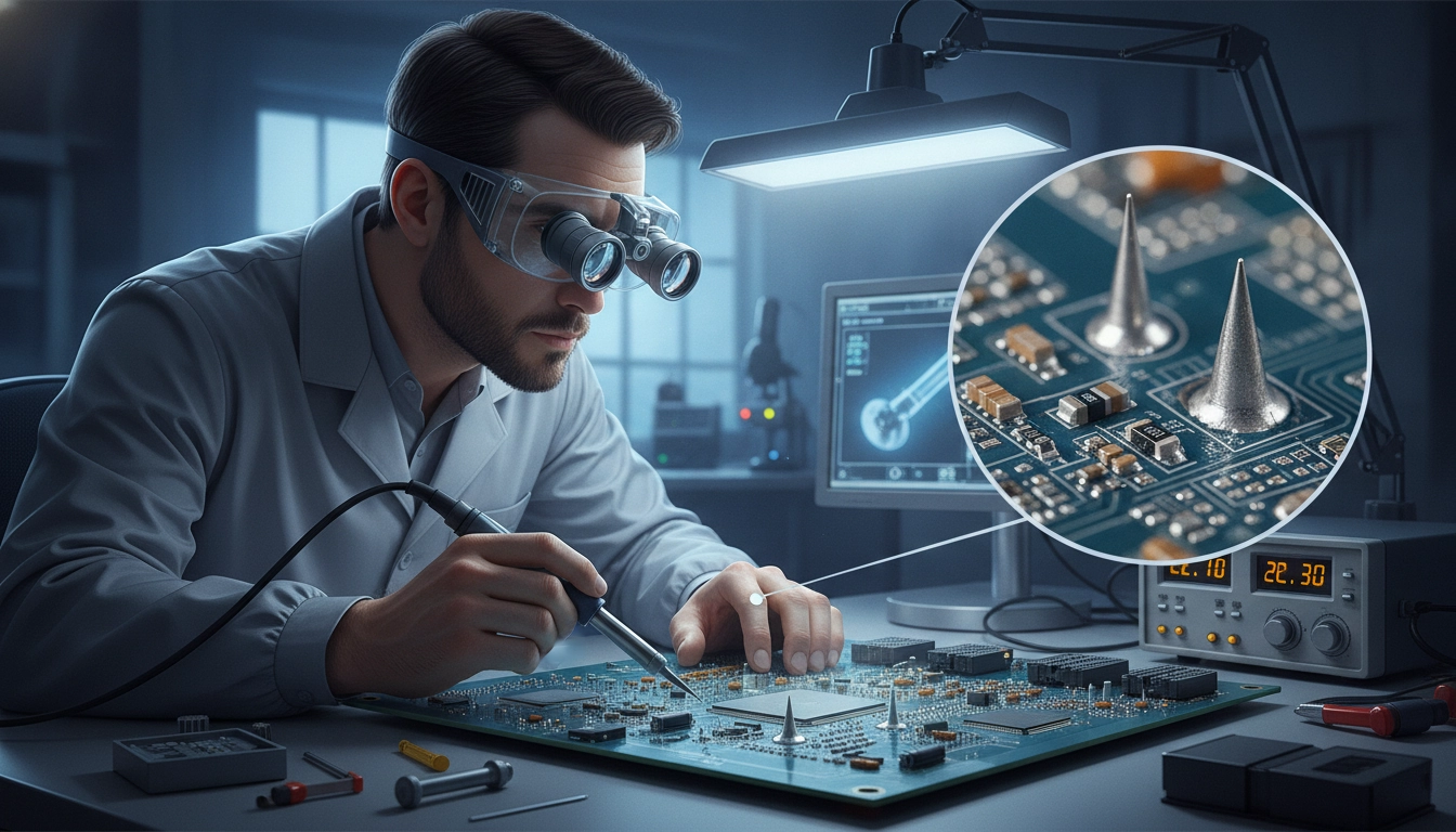 Technicien utilisant une loupe binoculaire pour le contrôle qualité des soudures électroniques en atelier de fabrication