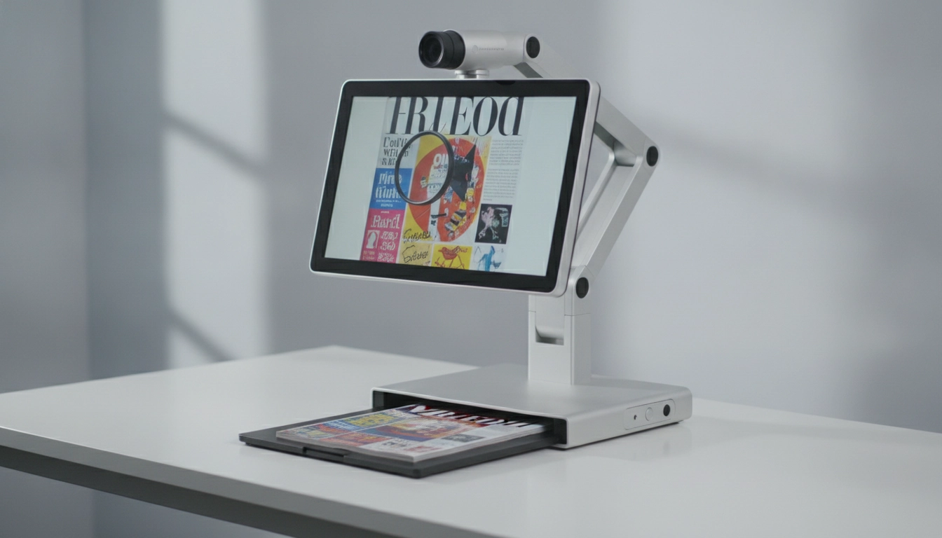 Vidéo-agrandisseur de bureau pour malvoyant avec grand écran affichant un texte agrandi — comment fonctionne une loupe électronique pour malvoyant en usage quotidien