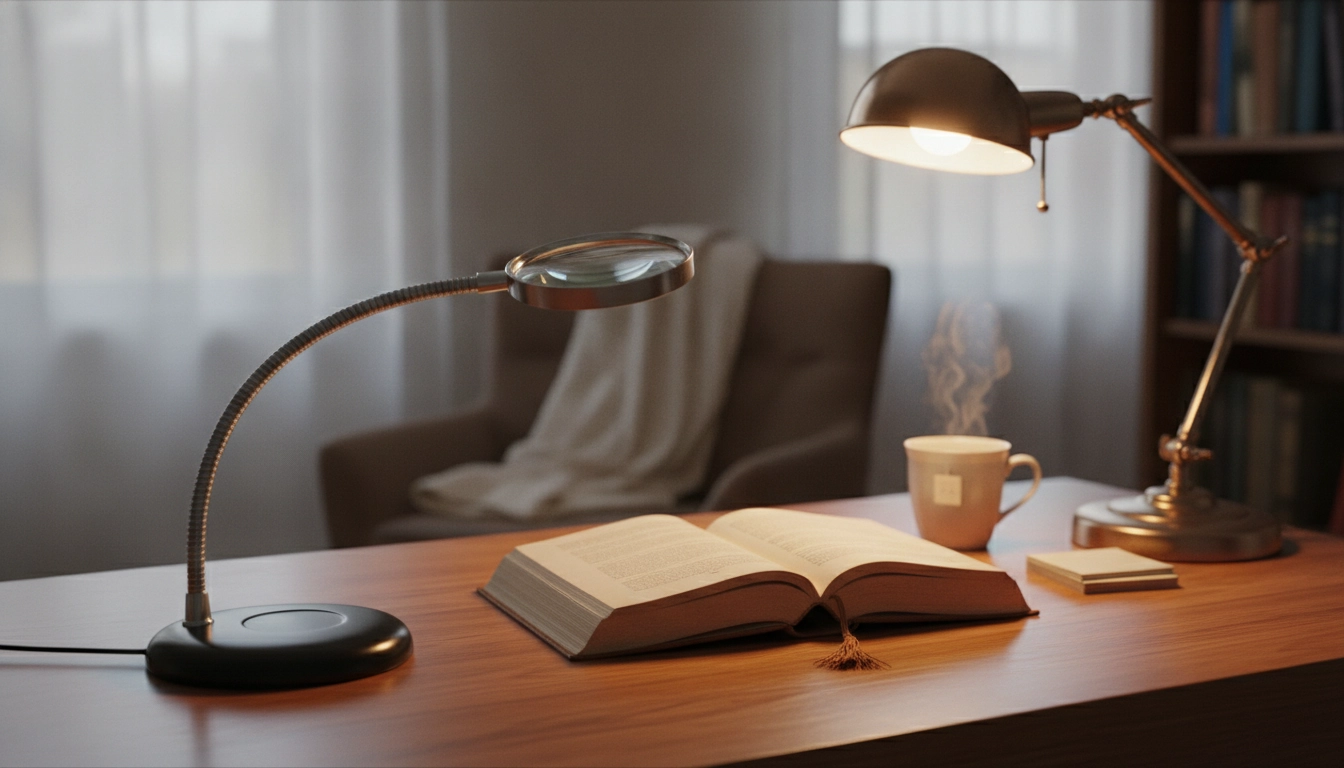 Bureau organisé avec une loupe ergonomique pour le confort visuel.