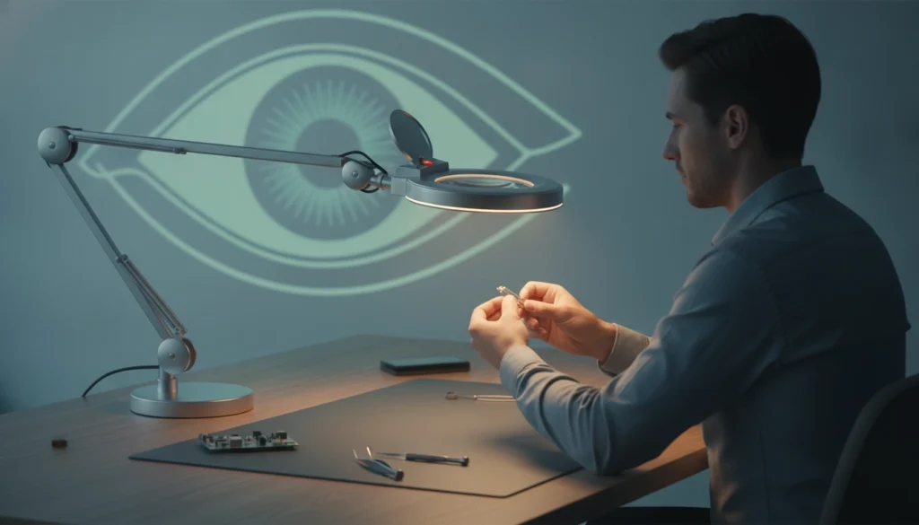 Une loupe ergonomique confort utilisation prolongée posée sur un bureau professionnel.