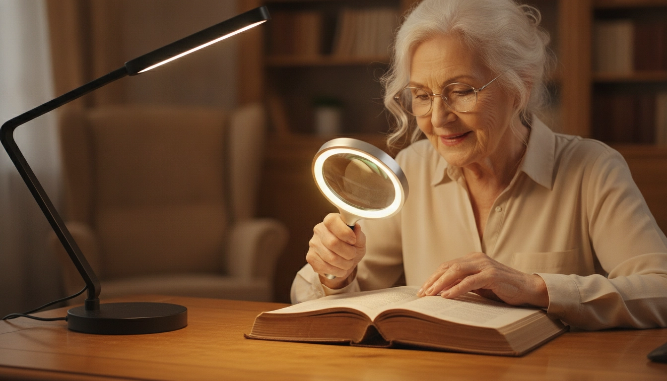 Femme âgée utilisant une loupe grossissante pour DMLA avec éclairage LED pour lire un livre