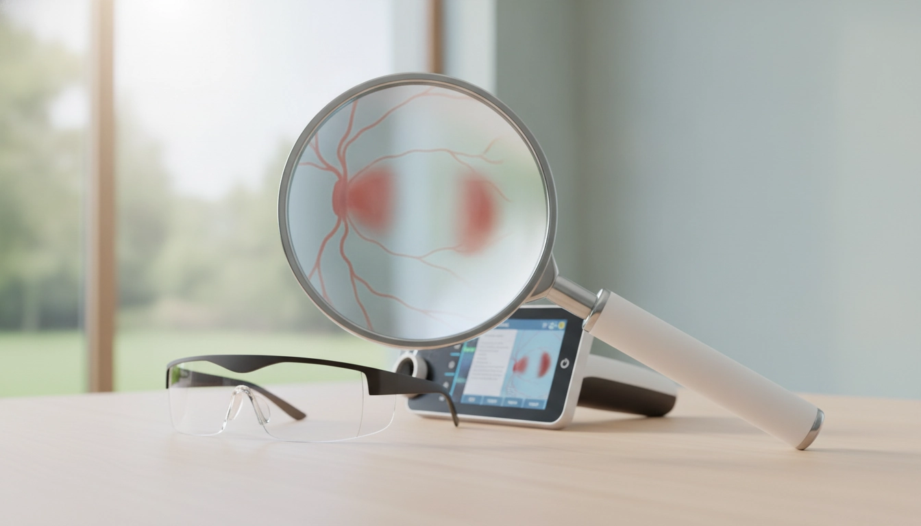 Loupe grossissante pour DMLA posée sur un livre ouvert avec éclairage LED intégré