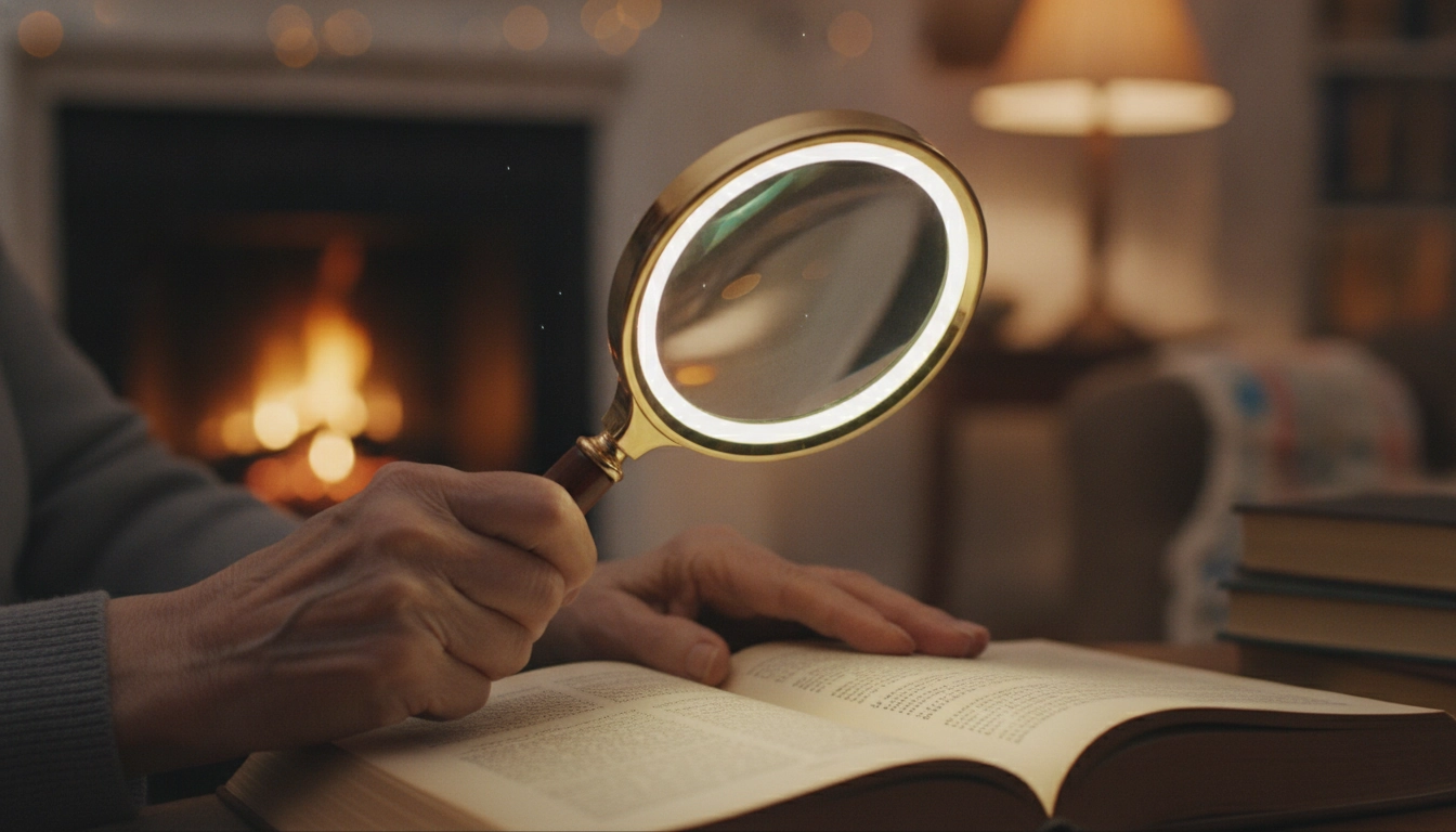 Personne âgée utilisant une loupe de lecture éclairée pour lire un livre confortablement à la maison