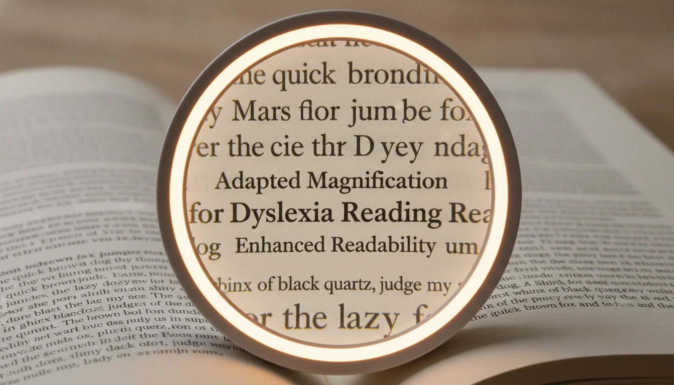 Loupe de lecture avec LED et grossissement adapté dyslexie illuminant un texte imprimé pour améliorer la lisibilité