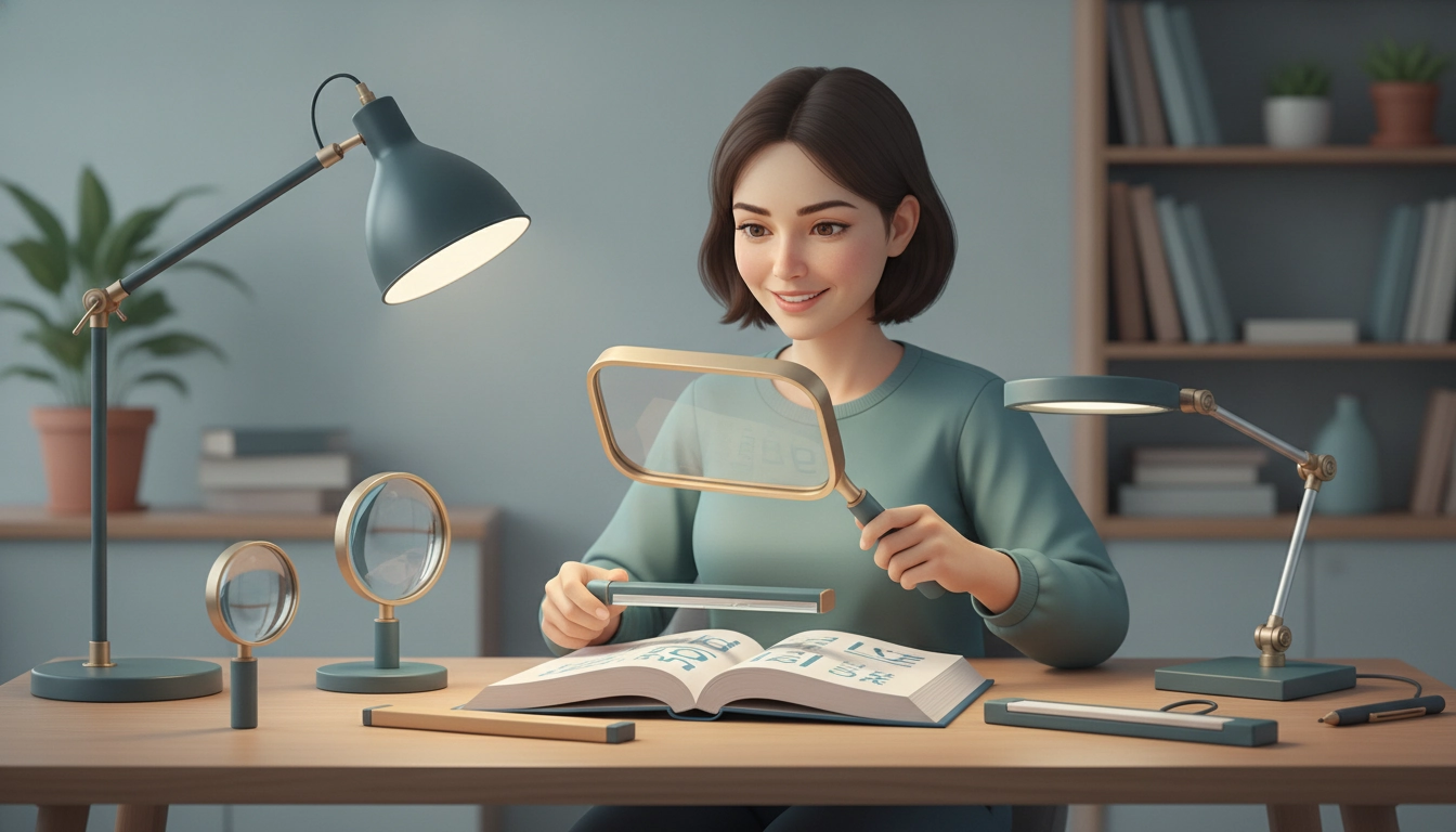 Loupe de lecture avec grossissement adapté dyslexie posée sur un texte imprimé pour démontrer la lisibilité