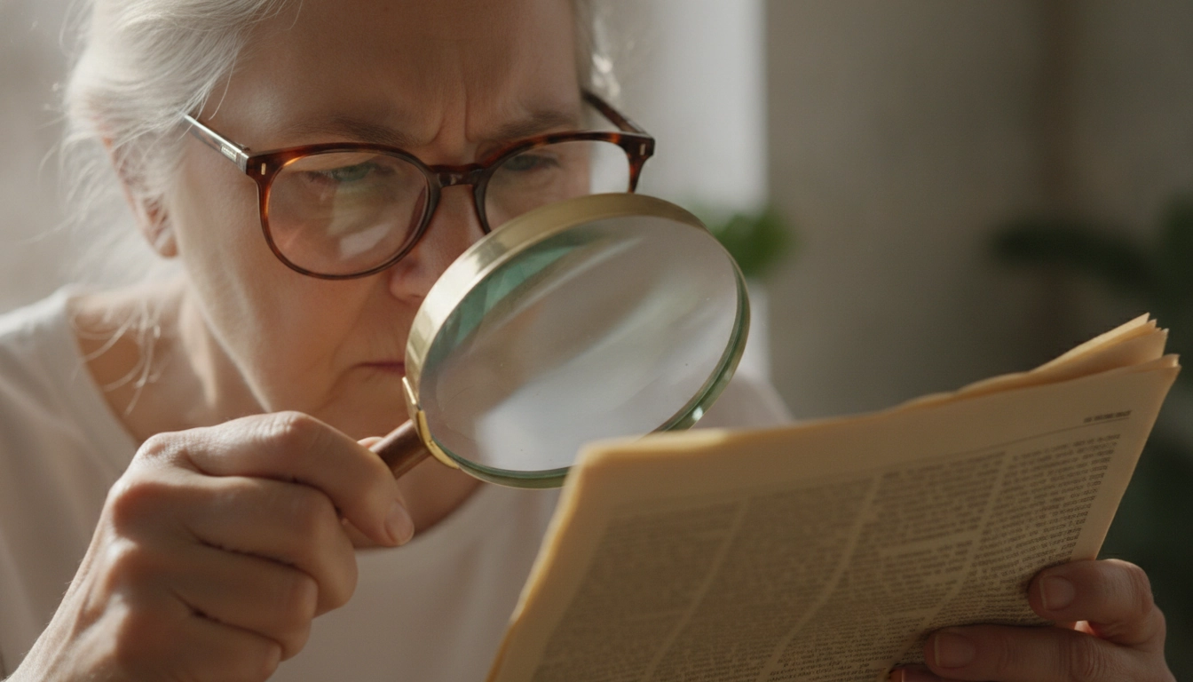 Comment choisir une loupe de lecture pour malvoyant : femme consultant un document avec une loupe de lecture adaptée