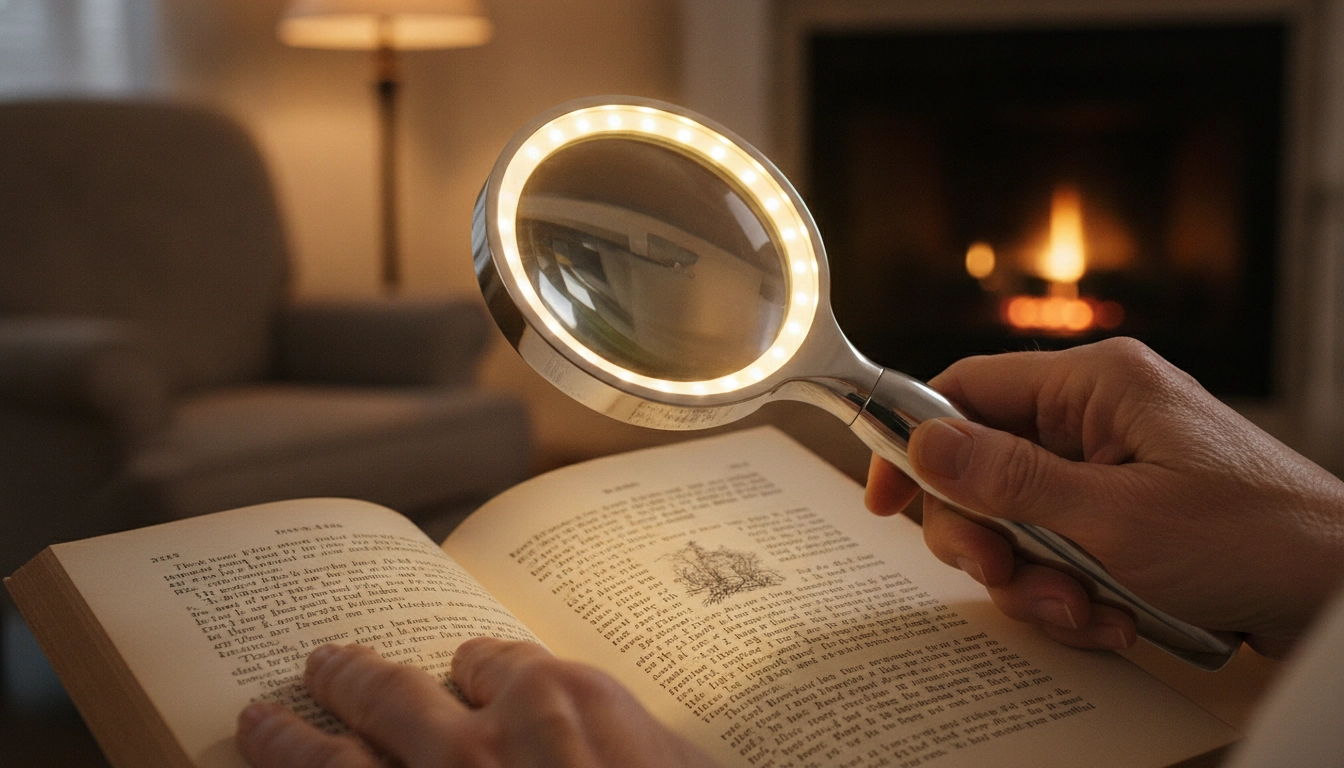 Utilisation d'une loupe lumineuse DMLA confort pour une meilleure lecture.