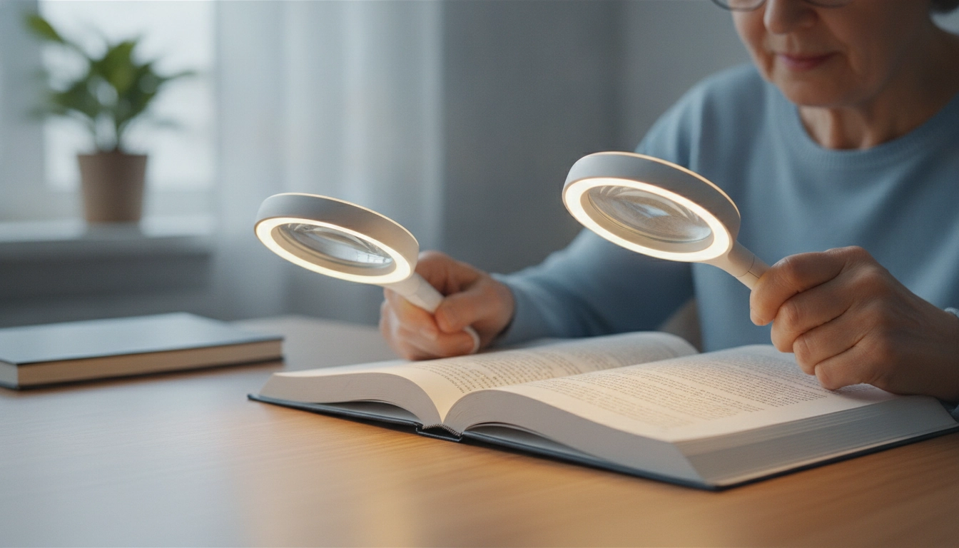Une personne âgée utilisant une loupe lumineuse DMLA confort pour lire un livre.