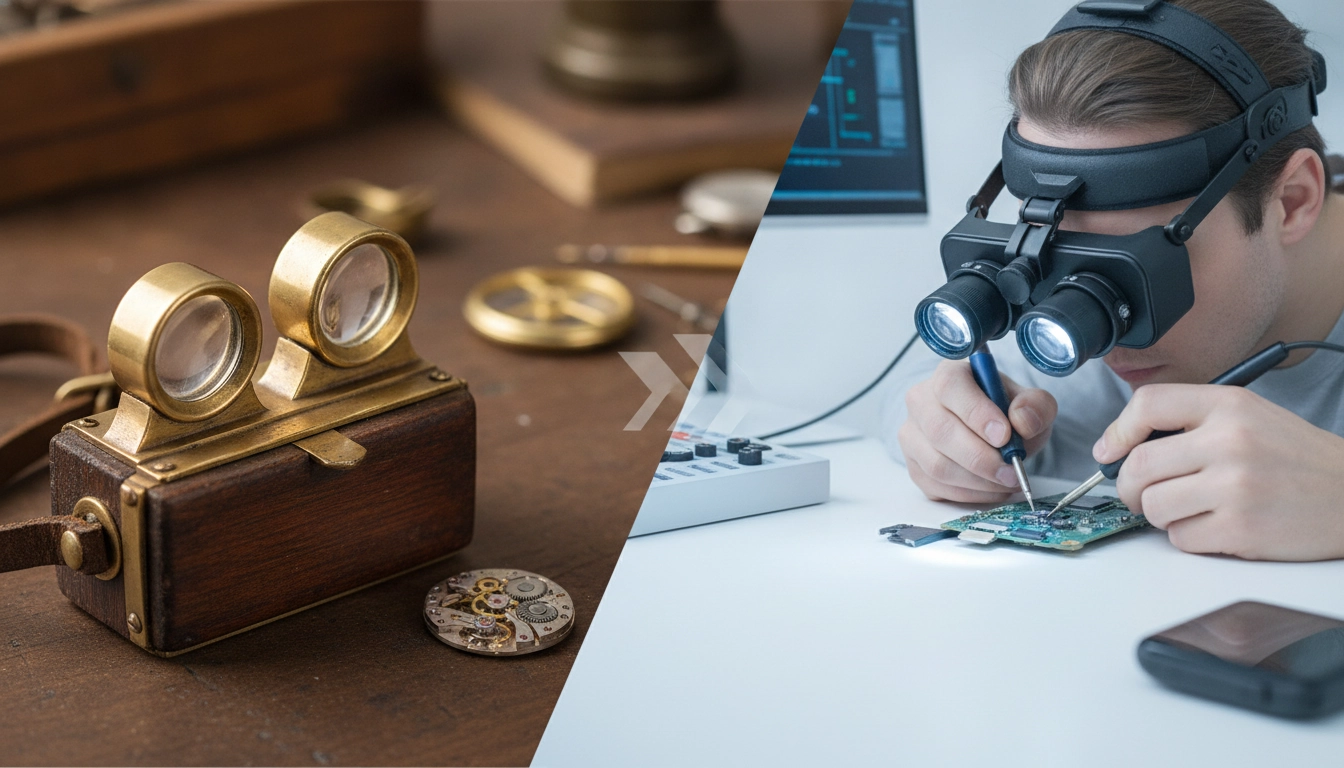 Horloger analysant un mouvement avec une loupe, illustrant la différence loupe œil loupe frontale horloger.