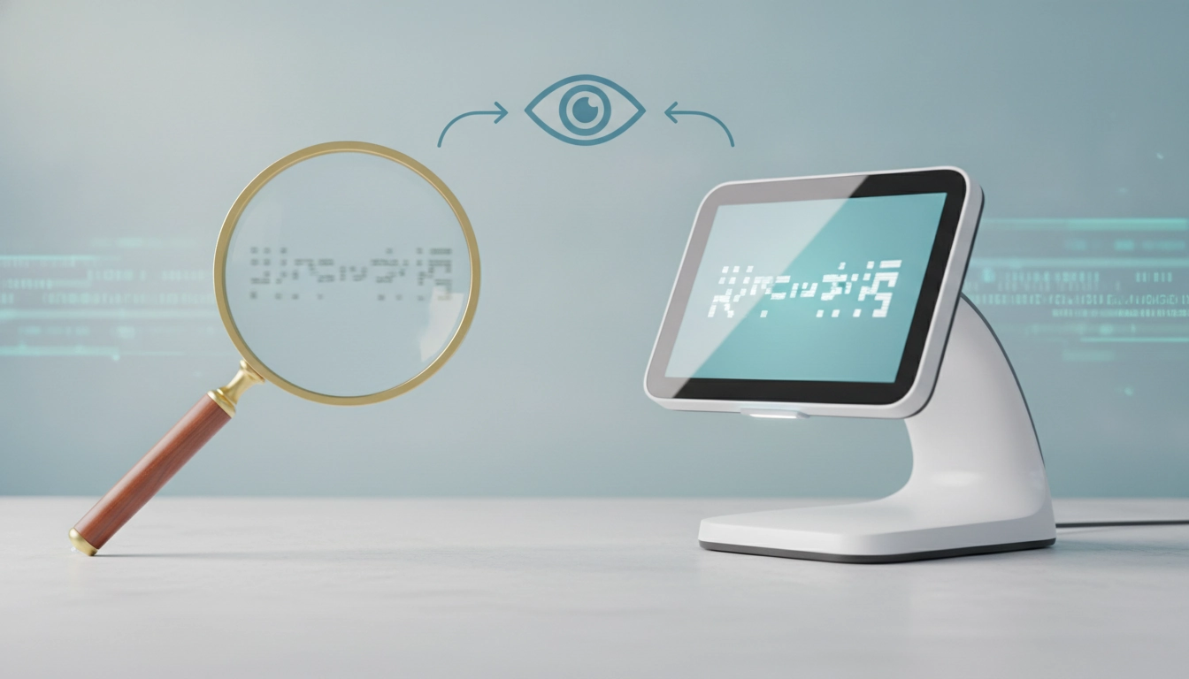 Une personne utilisant une loupe électronique moderne, illustrant la différence entre loupe optique et loupe électronique pour malvoyant.