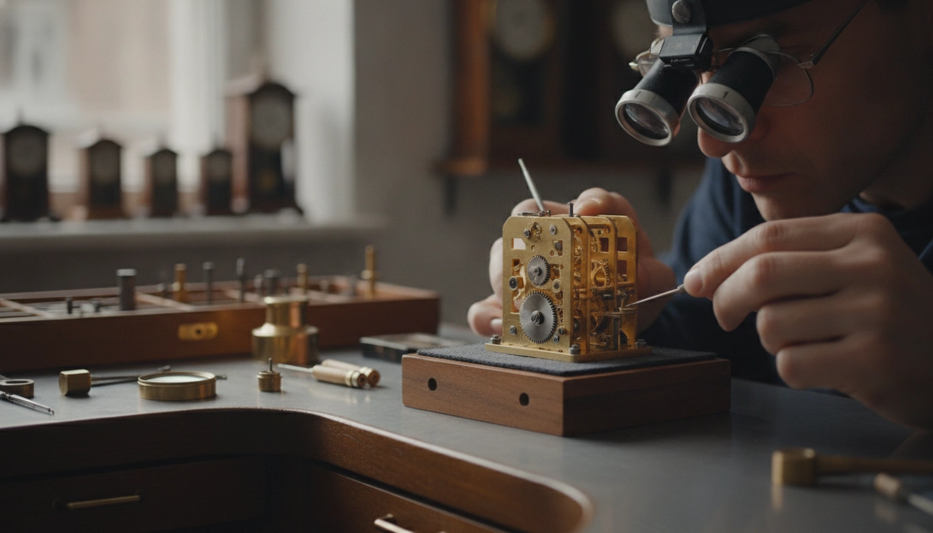 Artisan utilisant une loupe de précision pour la restauration d'objets anciens.