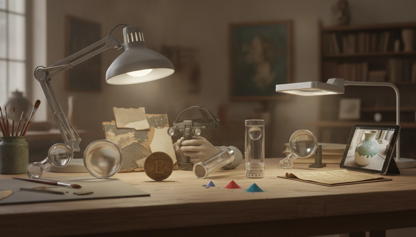 Un artisan restaurateur utilisant une loupe de précision pour choisir loupe artisan restauration tableaux objets anciens.
