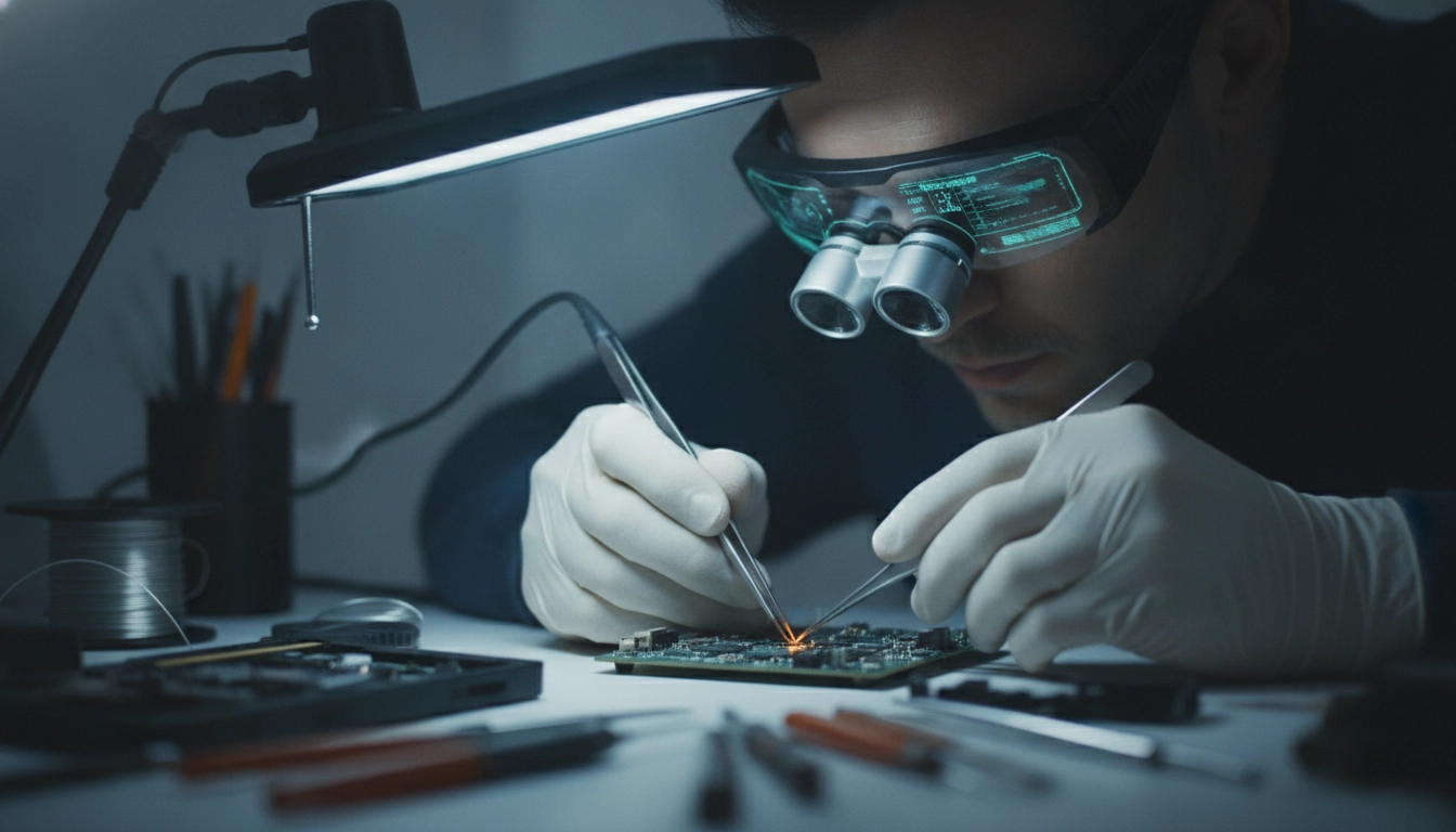 Technicien utilisant des lunettes loupe réalité augmentée travaux précision