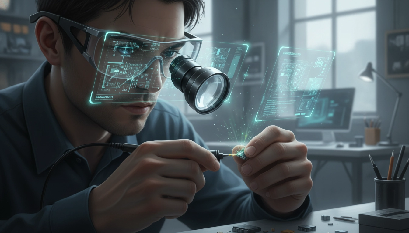 Utilisation de lunettes loupe réalité augmentée travaux précision dans un atelier.