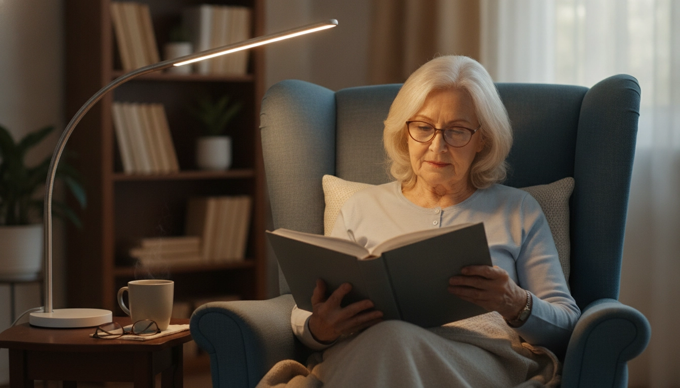 Personne âgée lisant avec un éclairage adapté, illustrant le bon usage du lux recommandé éclairage lecture malvoyant.