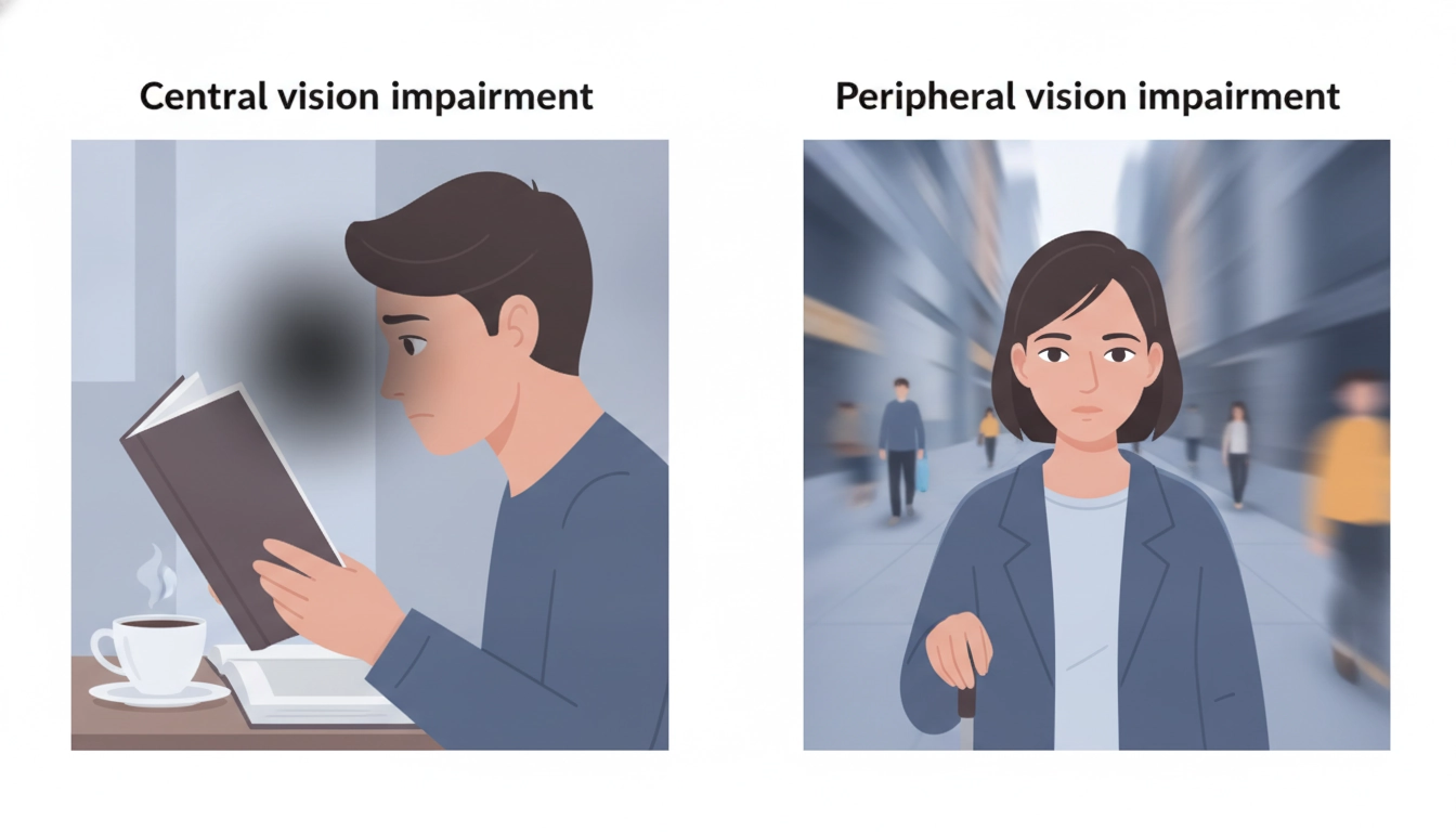 Une représentation visuelle de la différence entre malvoyance centrale versus malvoyance périphérique pour aider à la compréhension.