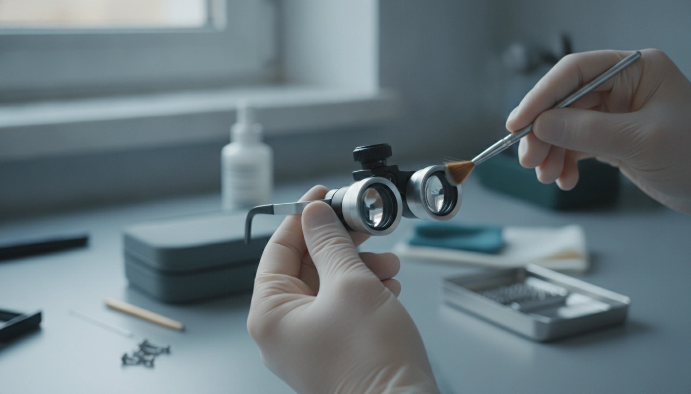 Technicien en train de manipuler loupe binoculaire sans abîmer les optiques dans un laboratoire.