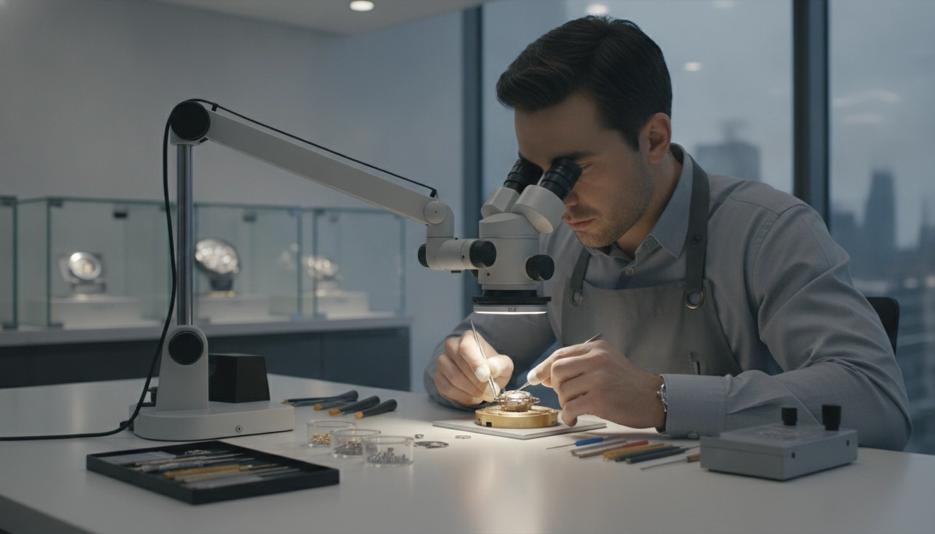 Un horloger utilisant un équipement parmi les métiers qui utilisent microscope précision applications professionnelles