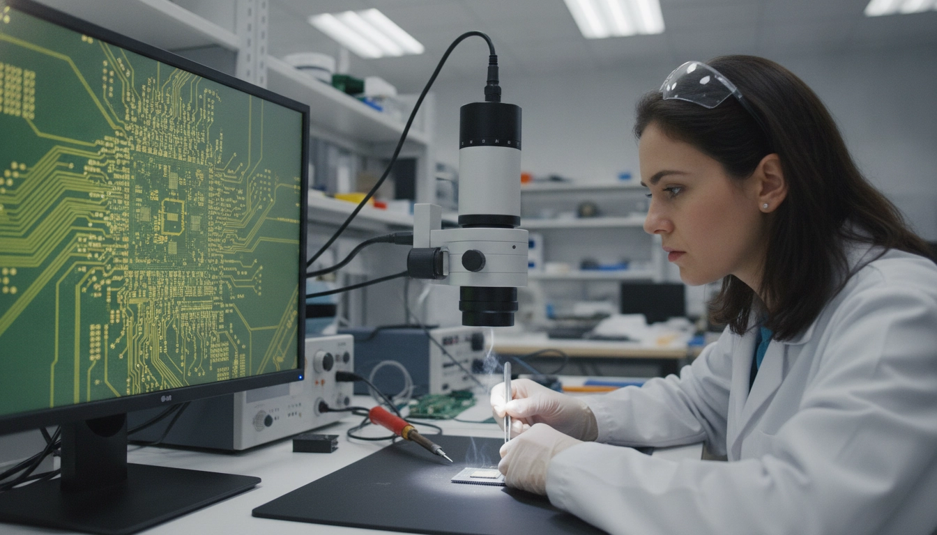 Ingénieur en électronique analysant un composant avec un microscope de précision