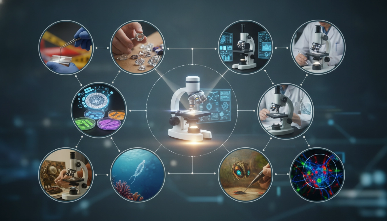 Expert utilisant un microscope de précision dans un environnement professionnel