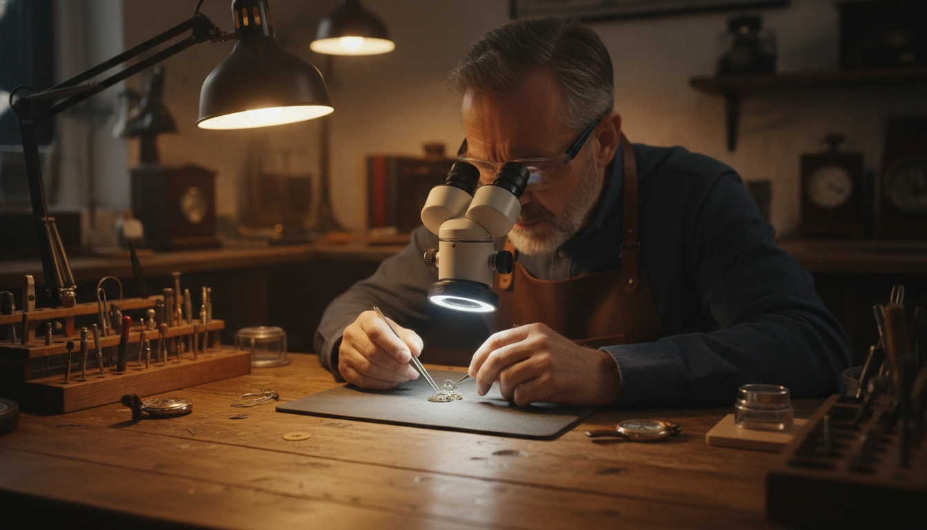 Horloger utilisant un microscope de précision stéréoscopique pour examiner les composants d'un mouvement de montre