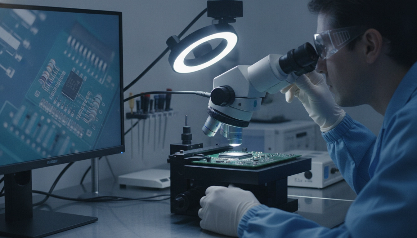 Technicien en contrôle qualité utilisant un microscope précision numérique pour inspecter des composants électroniques CMS sur un circuit imprimé