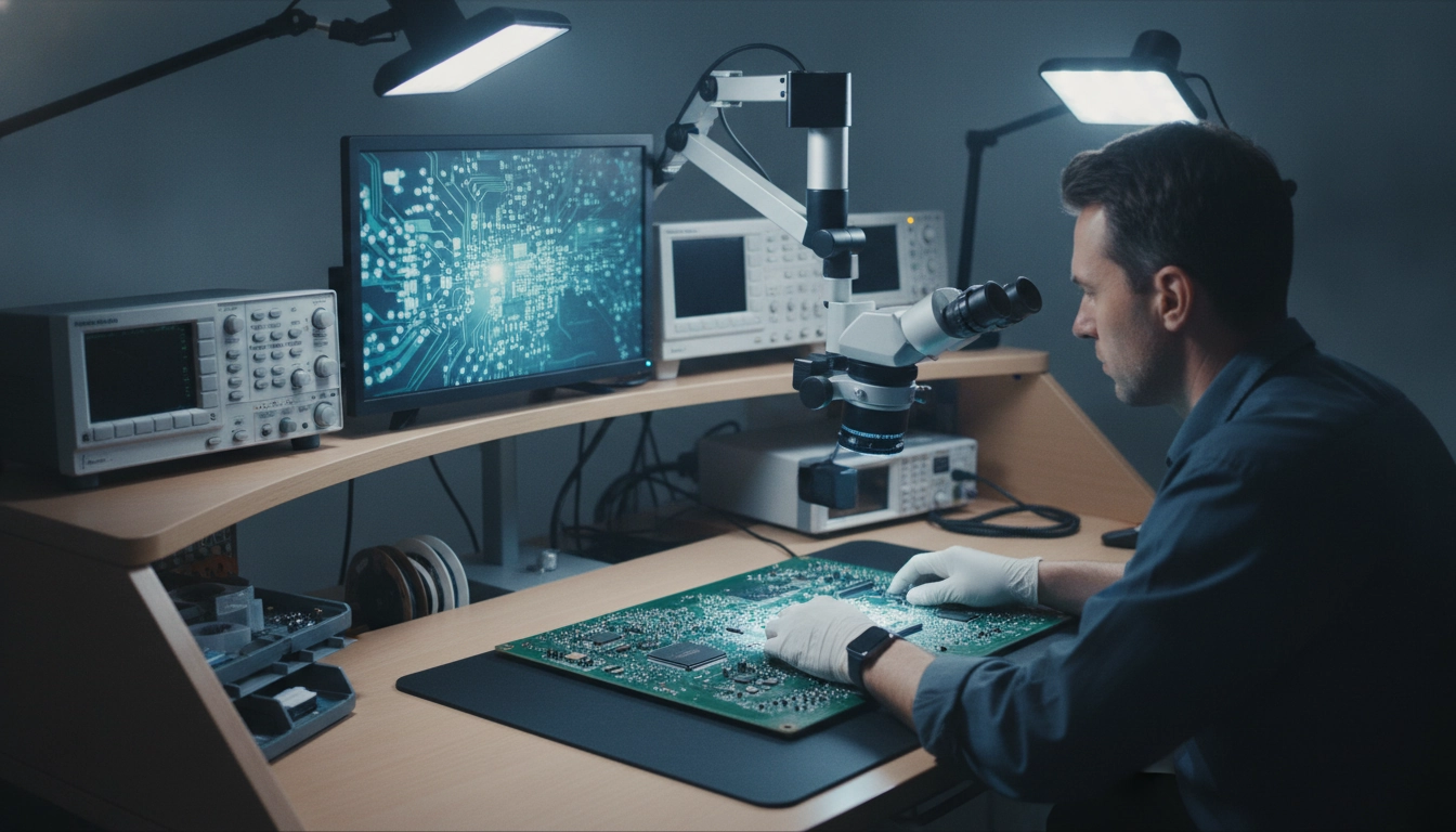 Technicien utilisant un microscope numérique pour le contrôle qualité de précision