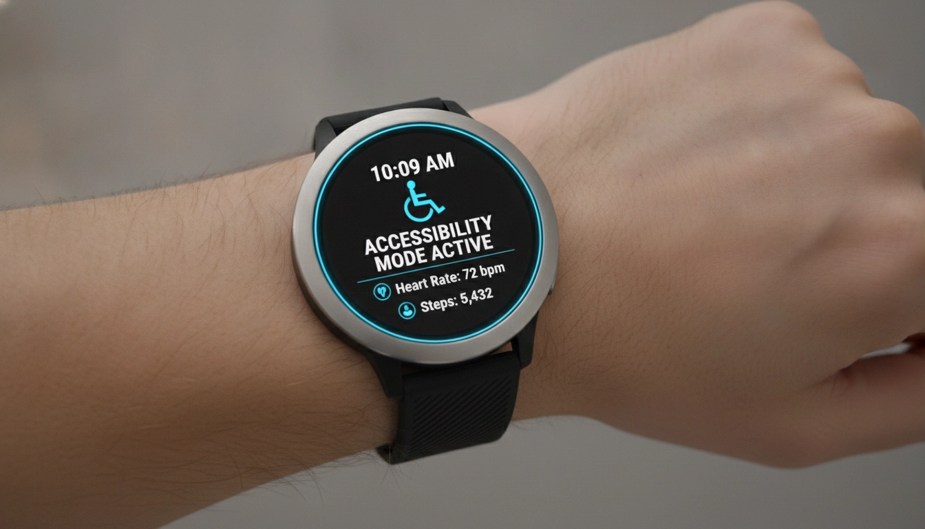 Détail d'une montre connectée et accessibilité pour malvoyant avec interface à fort contraste
