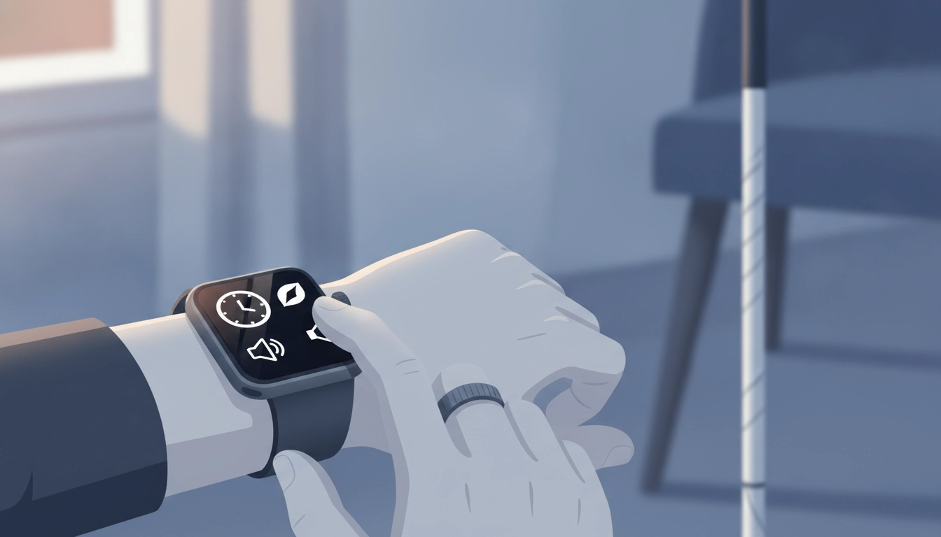 Une personne utilisant une montre connectée et accessibilité pour malvoyant avec synthèse vocale