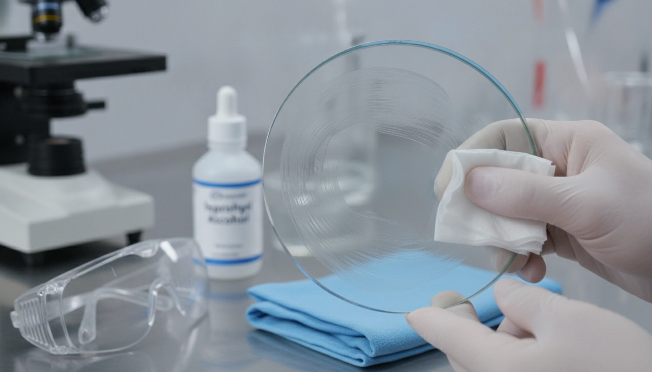 Nettoyage professionnel d'une lentille de loupe avec buée sans rayer en utilisant du papier optique et de l'alcool isopropylique