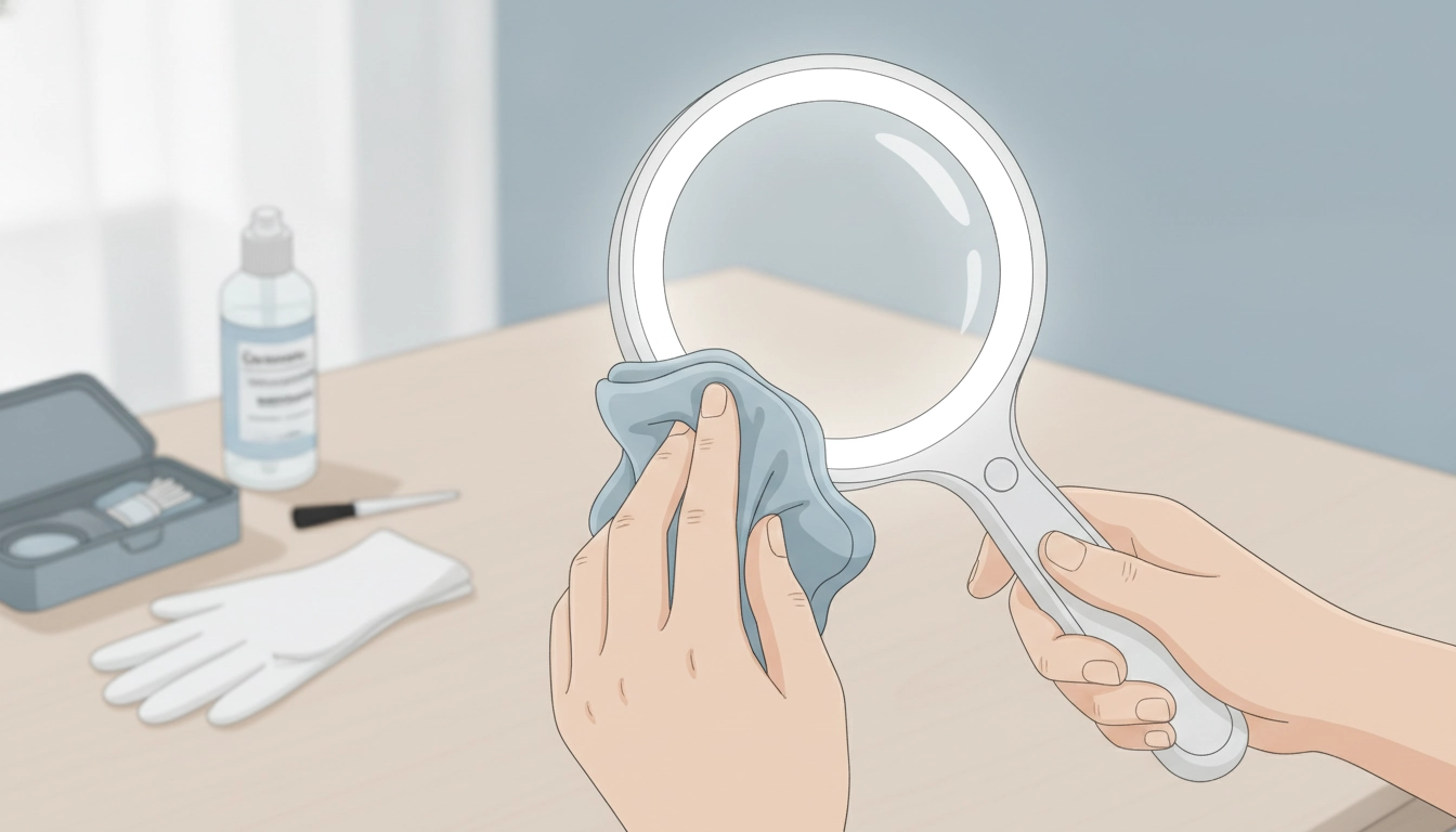 Une personne utilisant un chiffon en microfibre pour nettoyer loupe malvoyant entretien quotidien avec précaution.