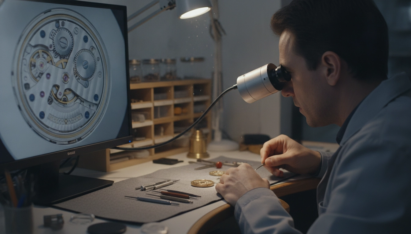Horloger professionnel utilisant une loupe numérique connectée pour travailler sur un mécanisme de montre de précision