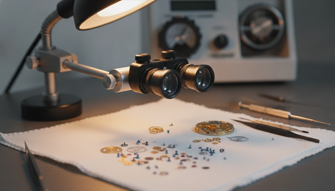 Établi d'horloger équipé d'une loupe binoculaire pour l'optique horloger et l'inspection de pièces de précision