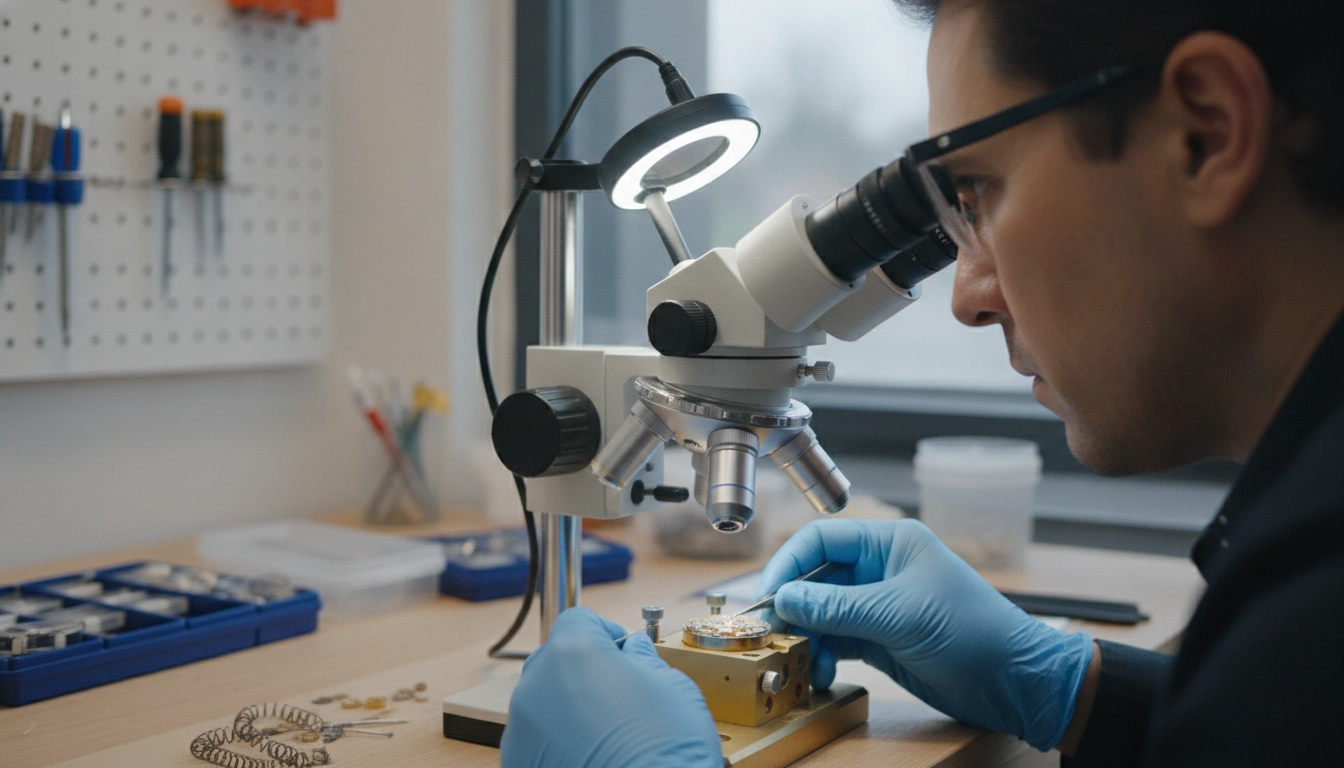 Horloger utilisant un microscope stéréoscopique comme instrument d'optique horloger pour une intervention délicate sur un mouvement de montre
