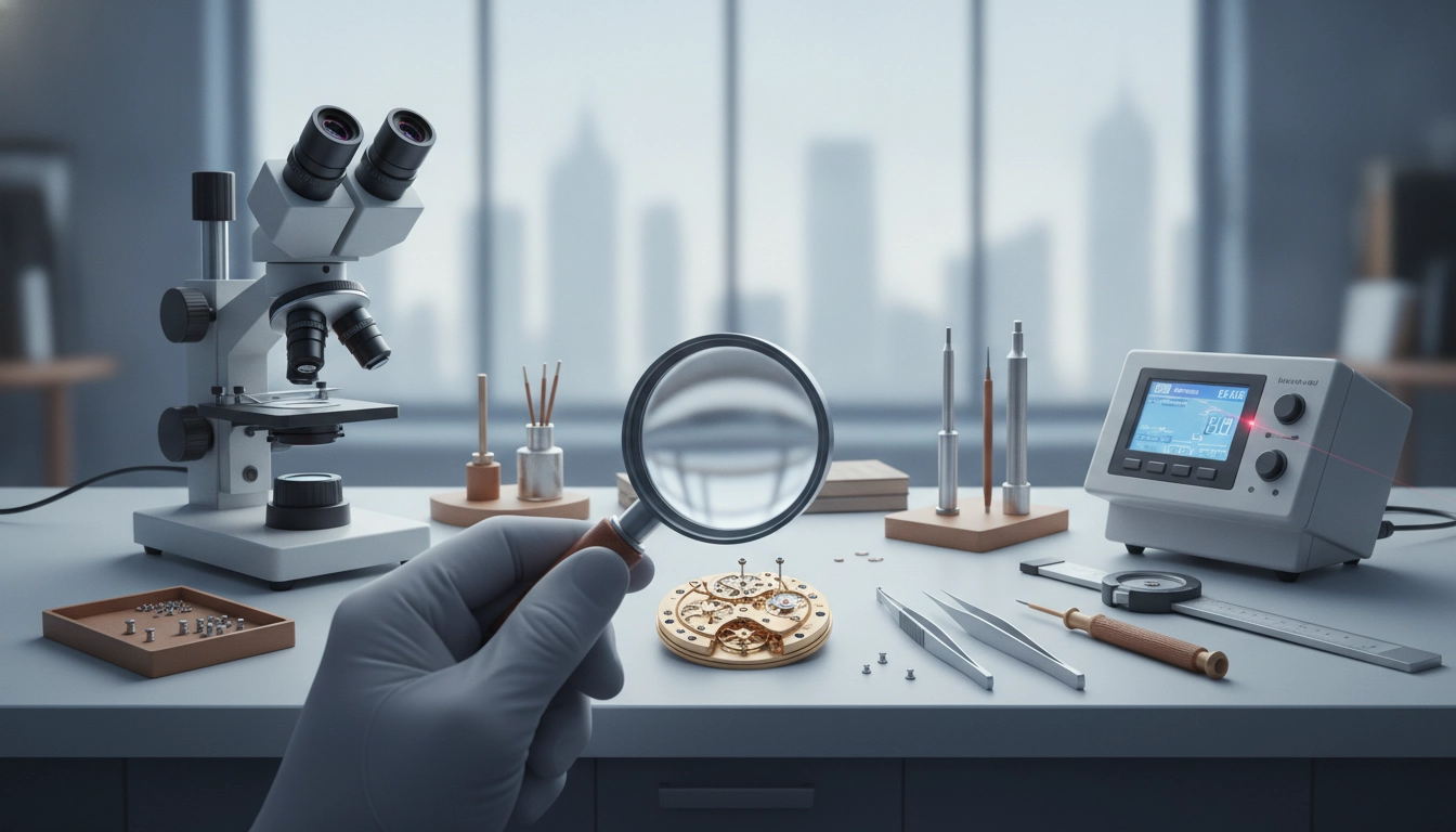 Optique horloger : loupe binoculaire professionnelle utilisée dans un atelier d'horlogerie de précision