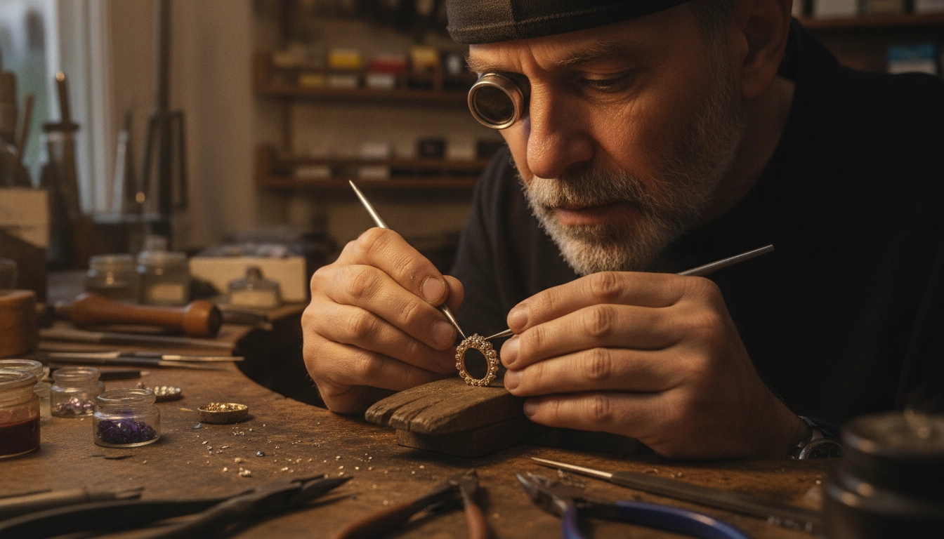 Optique joaillier : joaillier professionnel portant une loupe frontale binoculaire pour le sertissage de précision