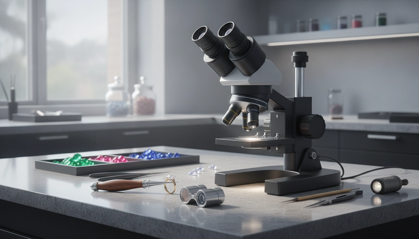 Optique joaillier : loupe 10x et microscope stéréoscopique sur établi de joaillerie professionnelle