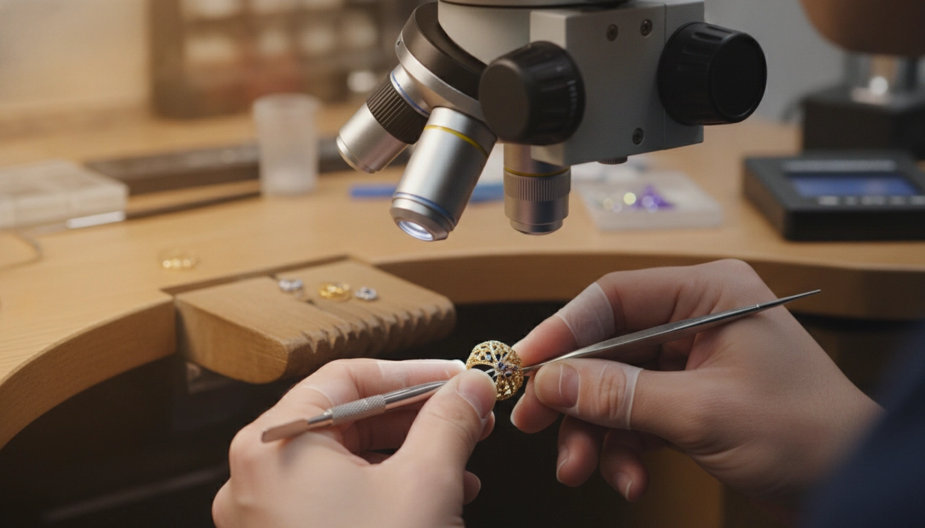 Artisan utilisant une optique joaillier professionnelle précision travail or argent pour sertir une pierre.