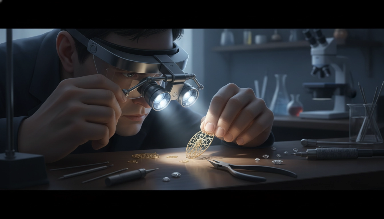 Joaillier utilisant une optique joaillier professionnelle précision travail or argent sur une bague en or.