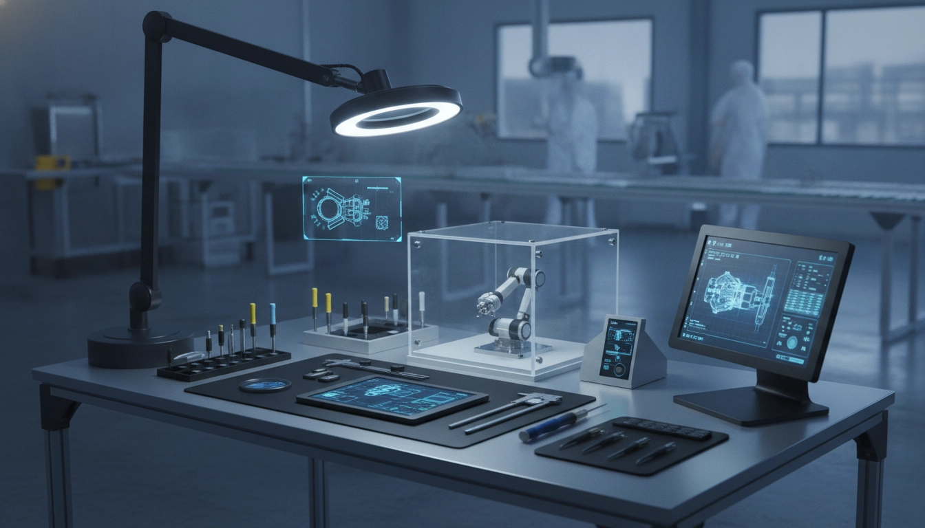Poste de travail équipé pour le contrôle qualité optique industriel