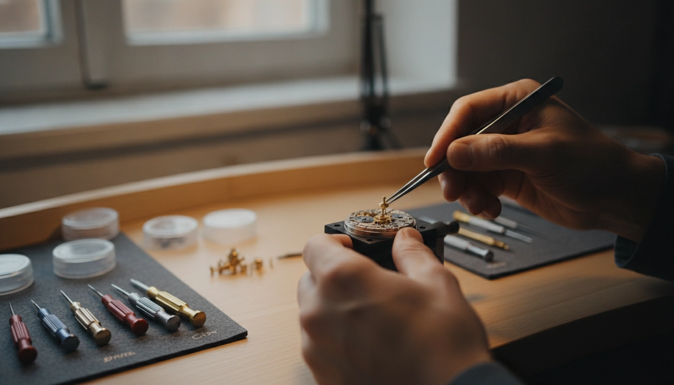 Détail technique d'un horloger travaillant avec une loupe ergonomique