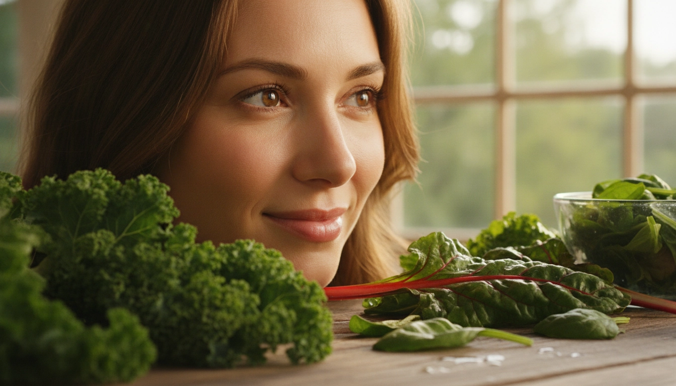 Femme aux yeux sains regardant vers la lumière naturelle, avec des légumes riches en nutriments pour préserver sa vue