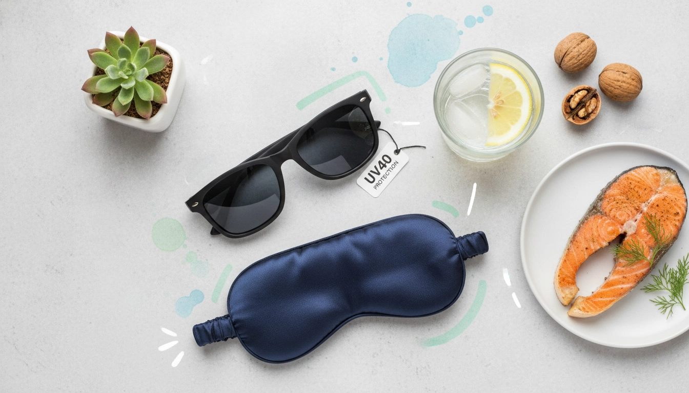 Ensemble d'habitudes saines pour les yeux : lunettes UV, alimentation et sommeil pour préserver sa vue au quotidien